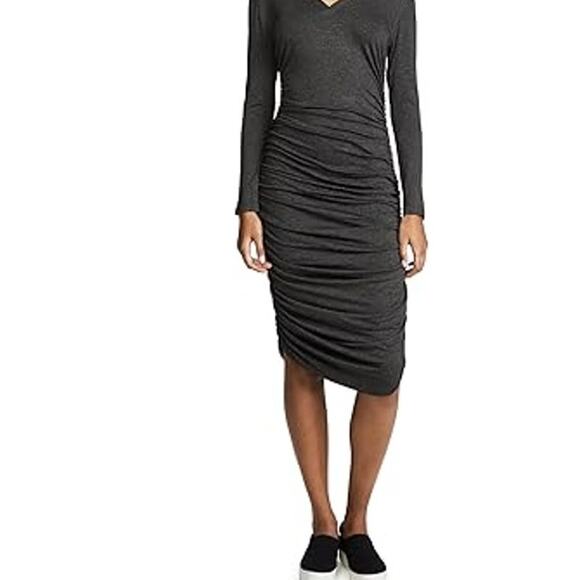 CLUB MONACO Ruched Body-Con Dress Scoop Neck Long sleeve Size XS X-Small Gray - Picture 3 of 10